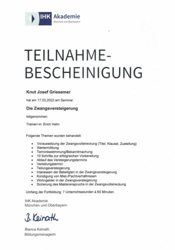 Knut Griesemer - Zertifikat Zwangsversteigerung