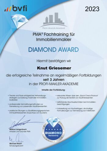 Knut Griesemer - PMA Fachtraining für Immobilienmakler - Diamond Award - 3 Jahre BVFI