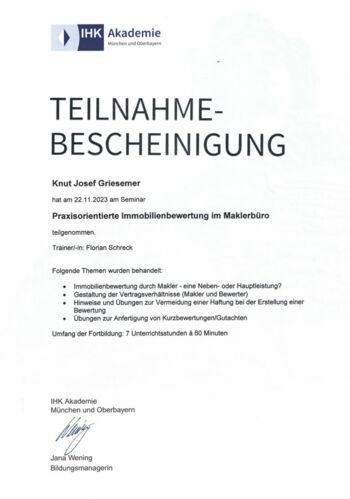 Knut Griesemer - Zertifikat Wertermittlung